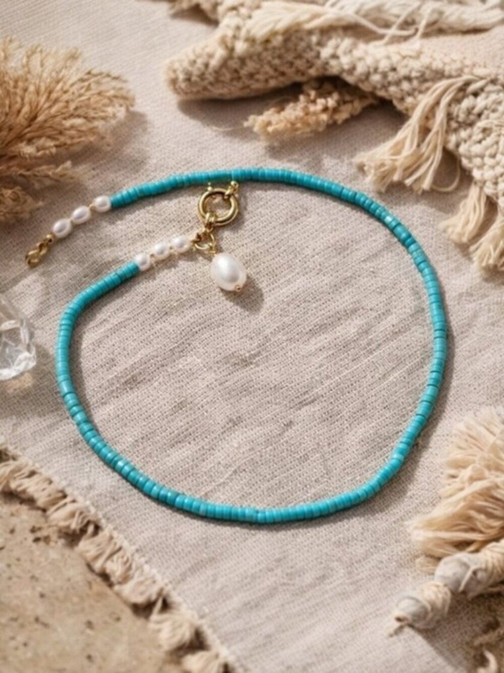 Turquoise Flat Bead and Freshwater Pearl Necklace 14K Gold Clasp Coastal 16" - Picture 6 of 12